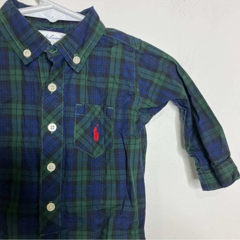 Ralph Lauren tartan plaid jumpsuit 100% cotton green‎ blue kids size 9 months